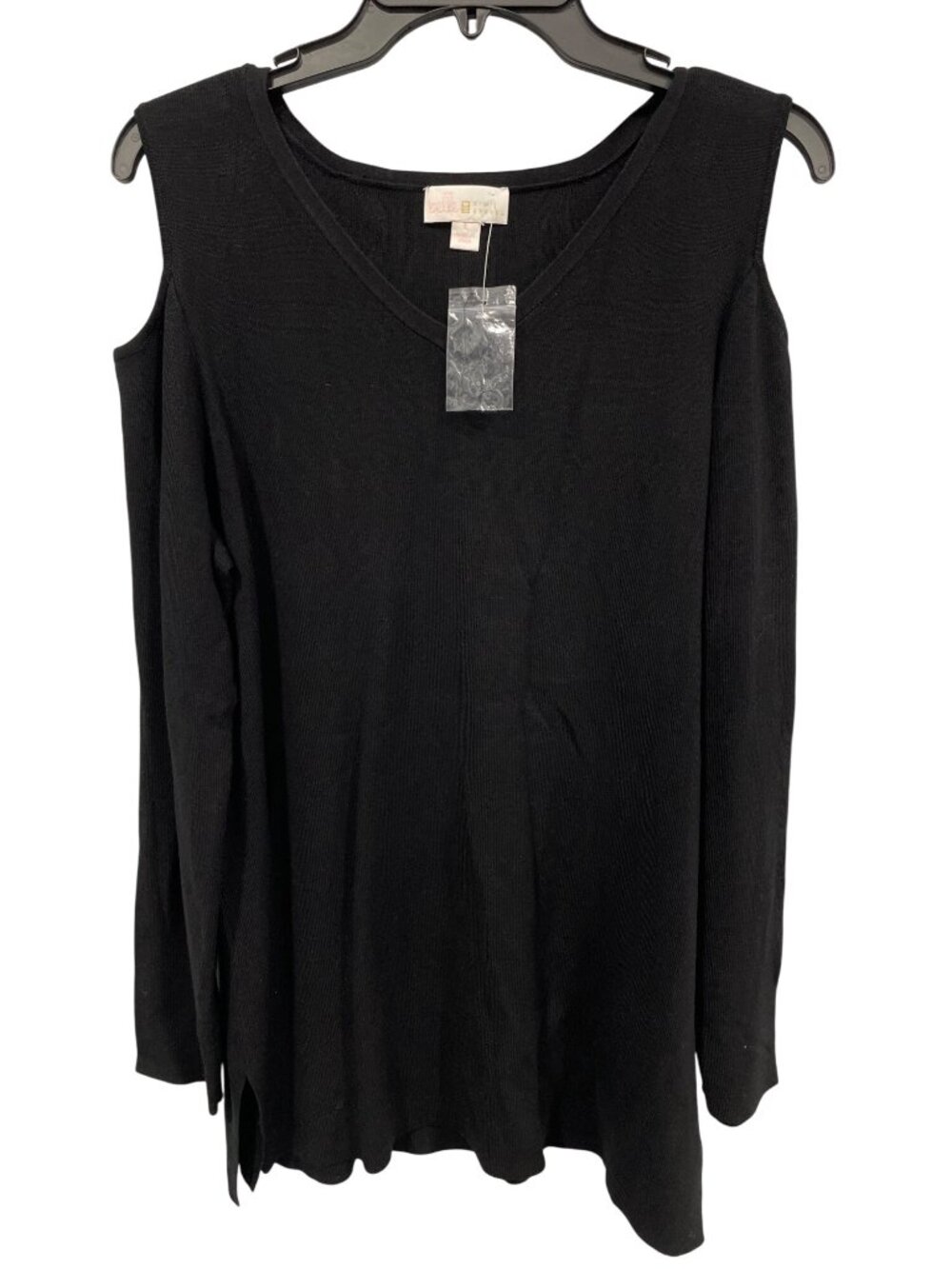 Belle By Kim Gravel Tunic Top Large Cold Shoulder Long Sleeve Black CozyKnit NEW